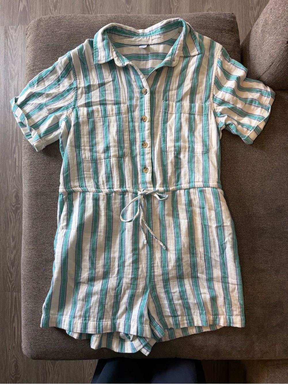 Old Navy Teal & White Striped Short Sleeve Romper